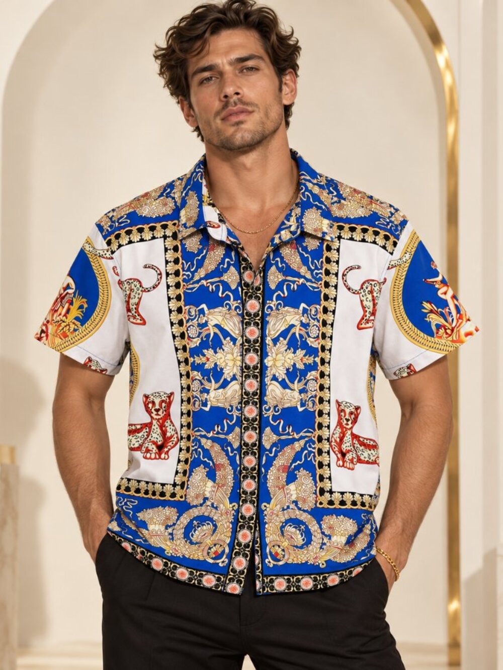 Phat Farm Y2K Vintage Shirt Mens Versace Baroque Leopard Print Boys 18/XL Men S